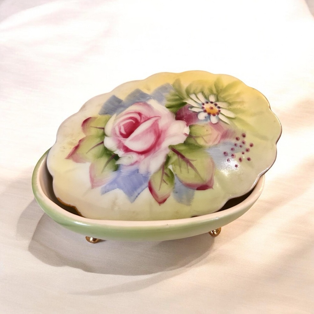 Vintage Lefton Rose Hand-painted Trinket Dish with Lid